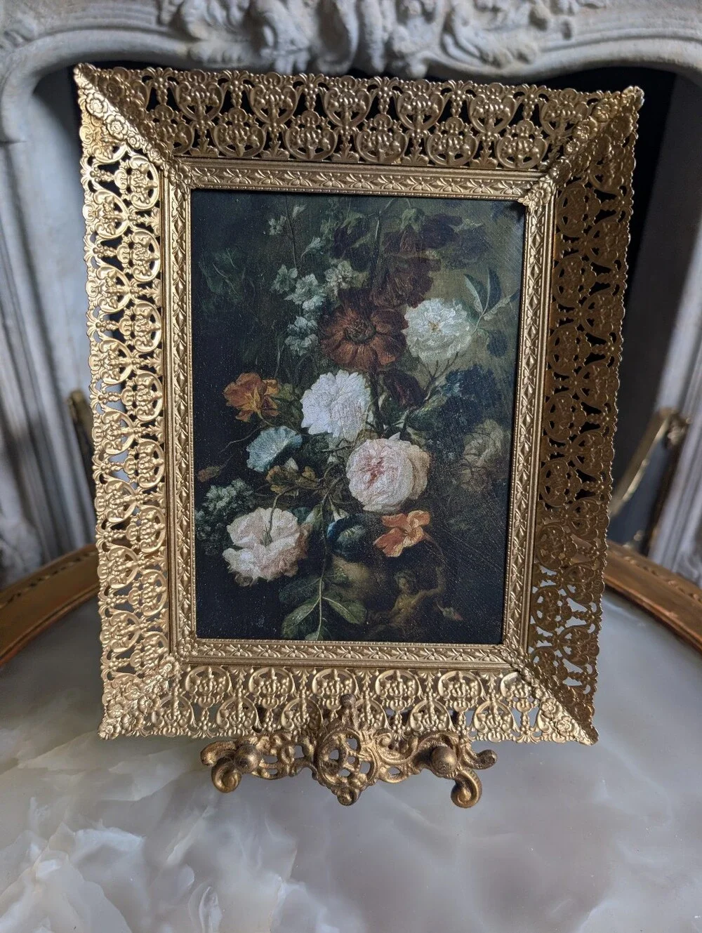 Vintage gold ornate filigree metal frame w/ vtg style Moody still floral print